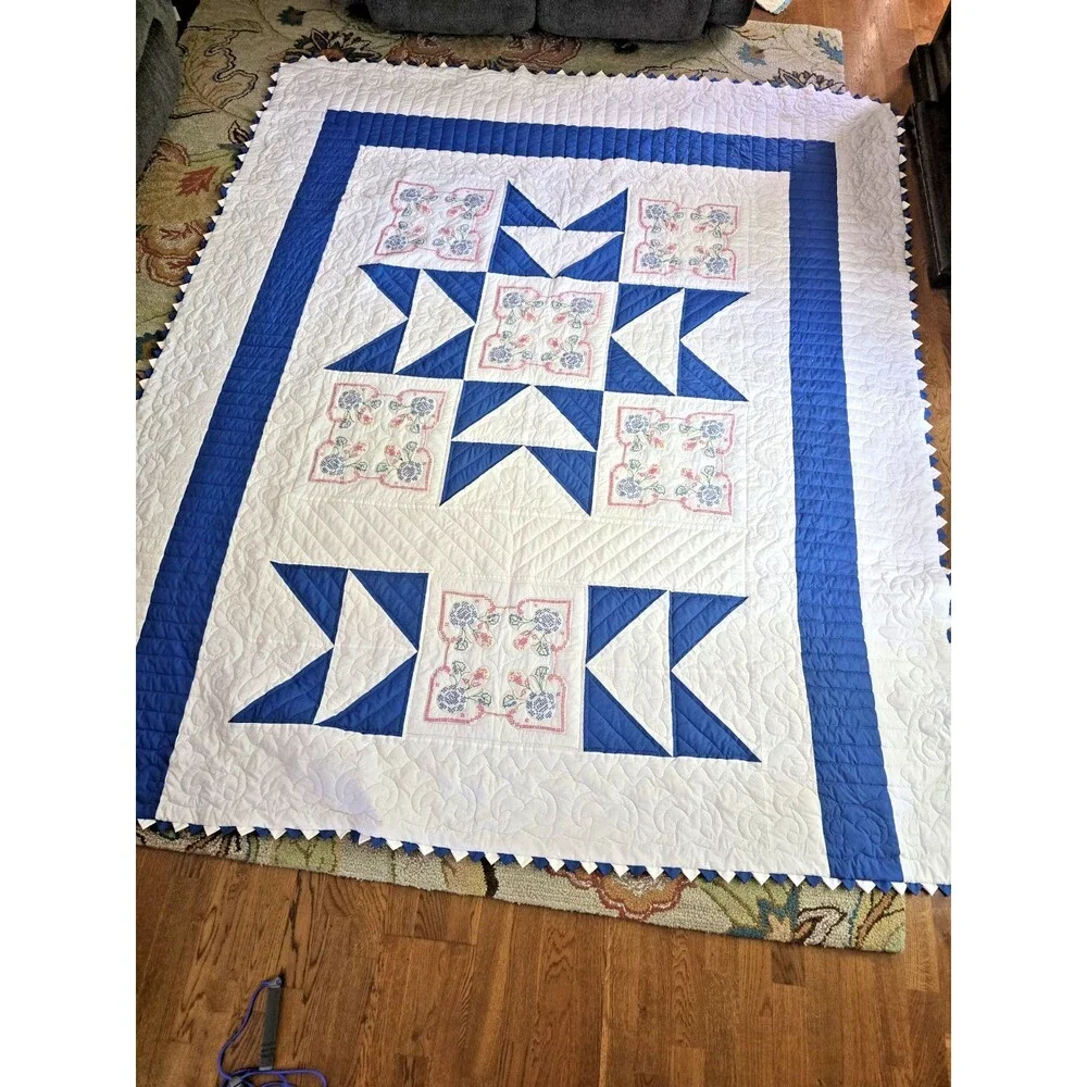 Vintage Handmade Quilt 88x103 Blue & White Cross Stitch Prairie Point Edge Queen